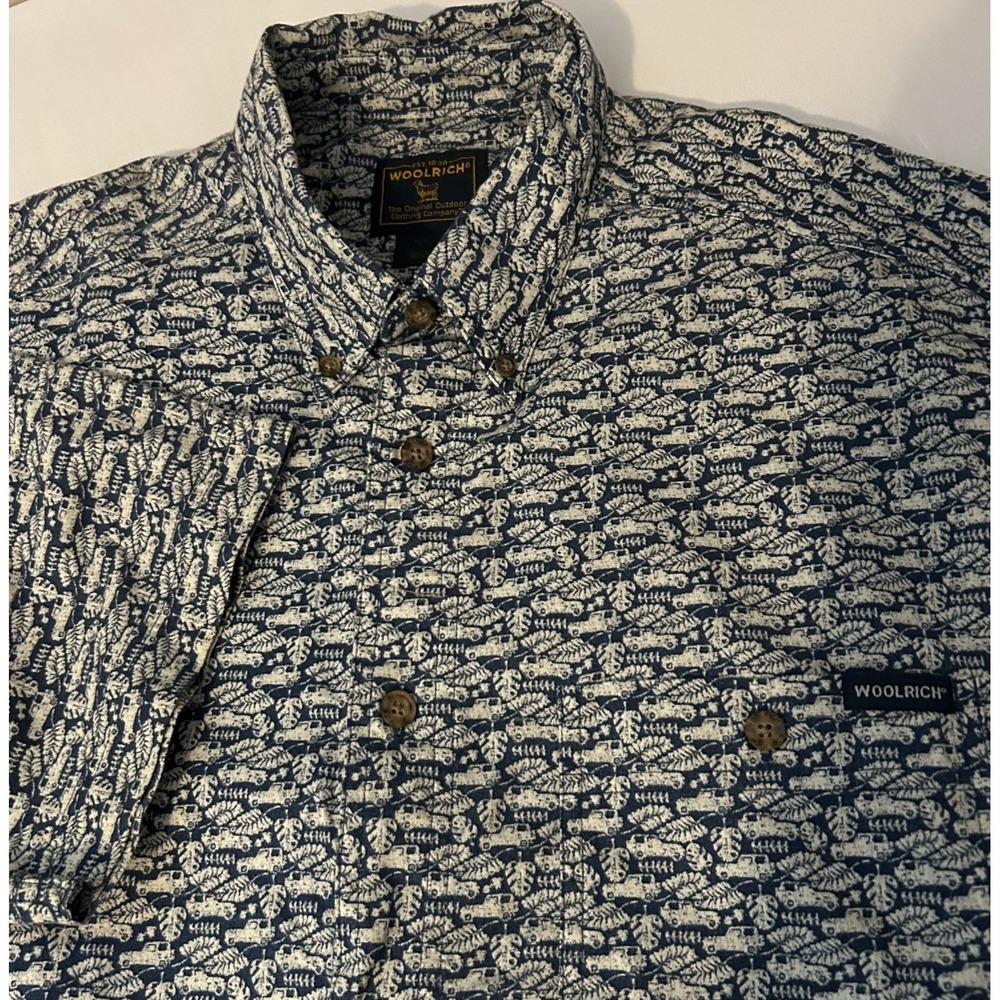 Woolrich Shirt Mens Large Blue Button Up‎ Short Sleeve Mini Car Print Casual